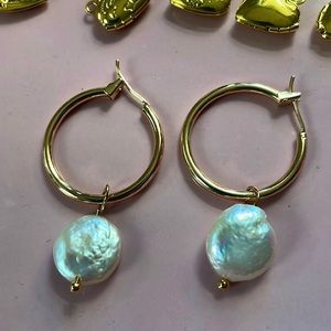 New freshwater pearl, genuine, gold, hoop earrings